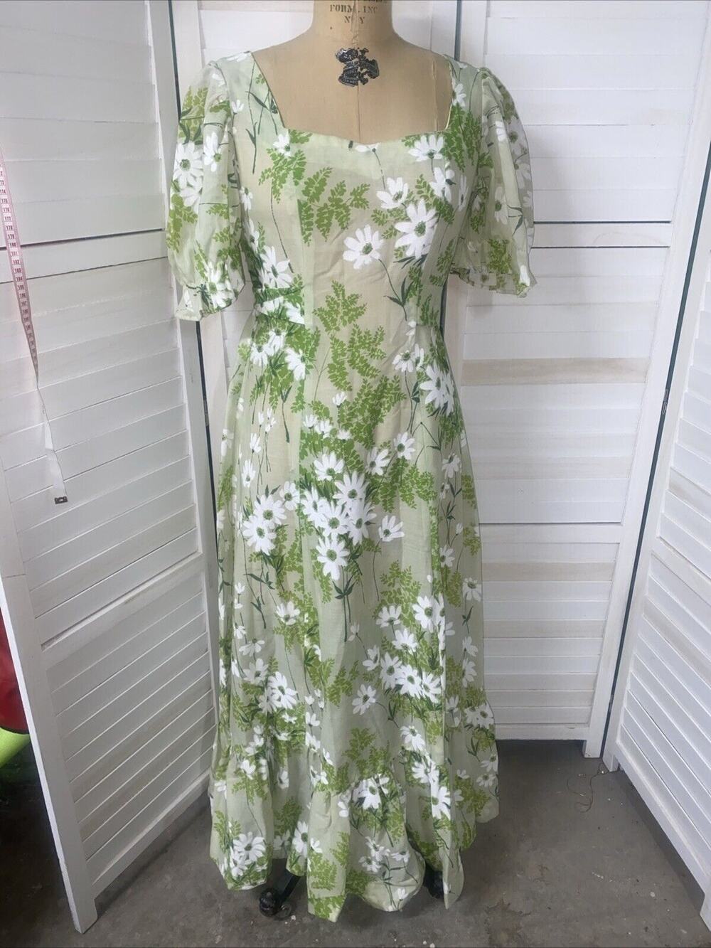 Vintage 60s 70s Handmade Green Floral Maxi Dress Flowy Short Sleeves S/M